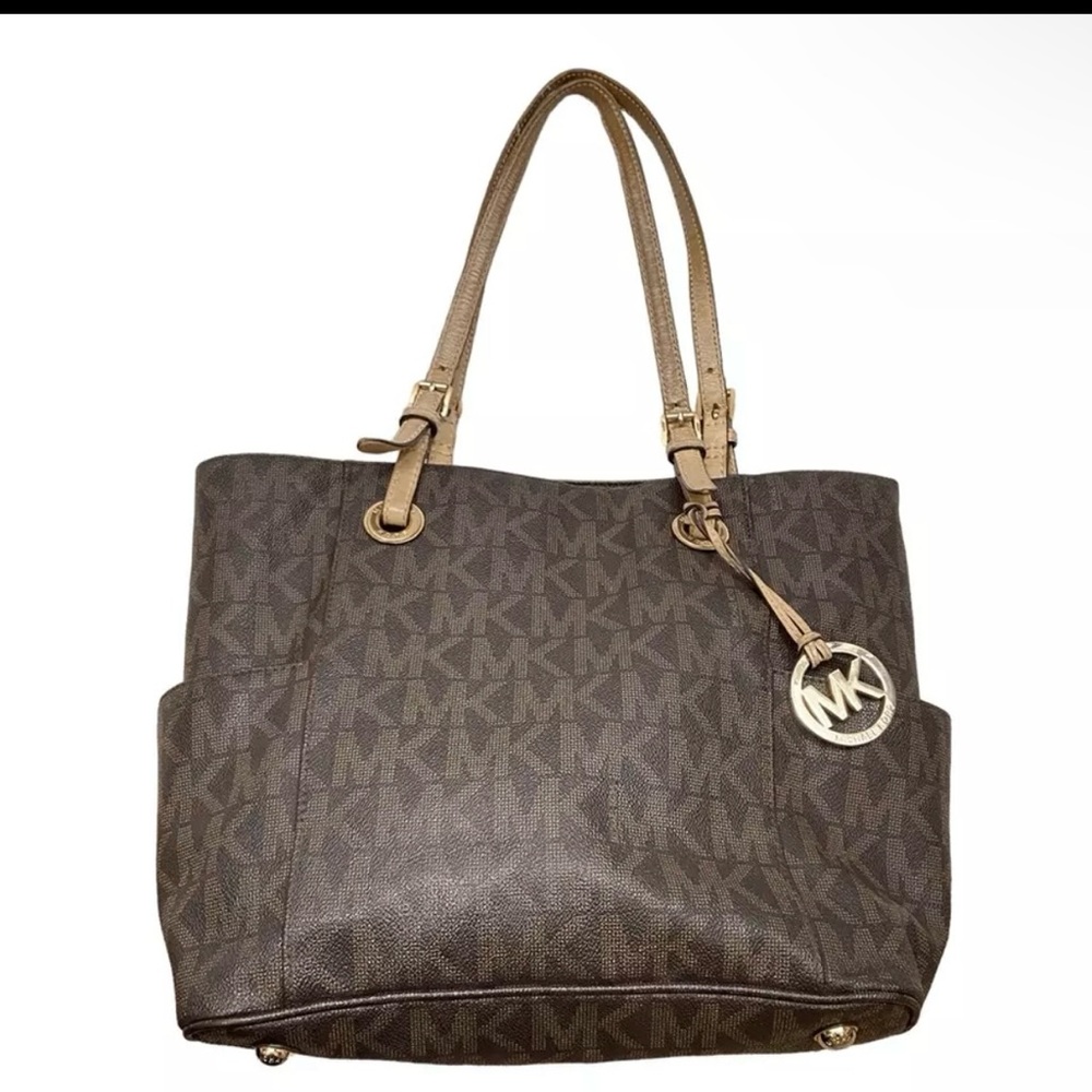 MICHAEL KORS Women's Jet Set Item MK Signature Tote Bag Brown Gold slightly used